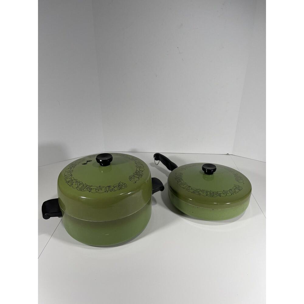 2 x Wear-Ever Registered Aluminum Green Enamel 5 QT Stock Pot +Fry Dia Pot +lids